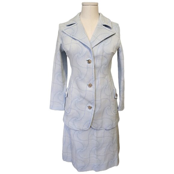 Vintage 60s Womens Suit Set Jacket Skirt Pants Mod Geometric Pastel Blue Retro L - Picture 1 of 14